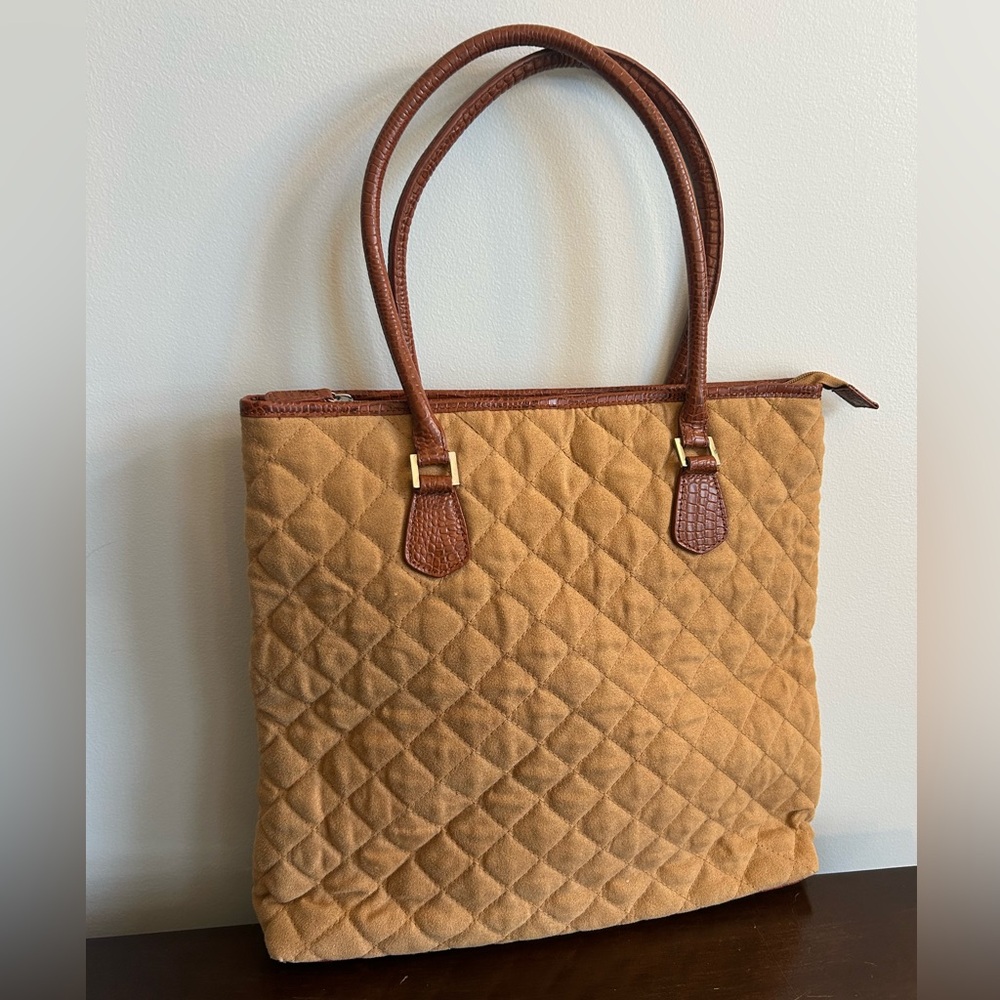 Coldwater Creek Tote Bag Purse Camel Tan  Quilted Brown Shoulder  14”